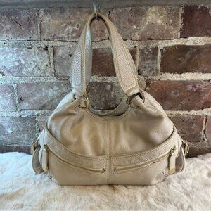 Michael Kors Beige Pebbled Leather Shoulder Bag with Gold-Tone Zipper Hardware